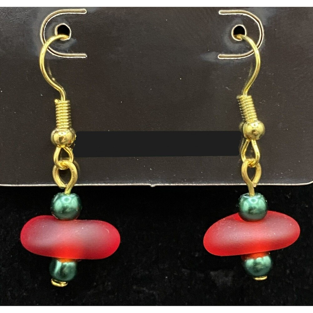 Handmade Red Sea Glass & Green Faux Pearl Earrings by Neanie-Bot